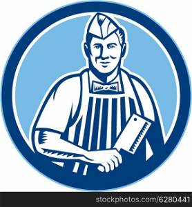 Retro style illustration of a butcher cutter worker with meat cleaver knife facing side set inside circle on isolated background.. Butcher Meat Cleaver Knife Circle