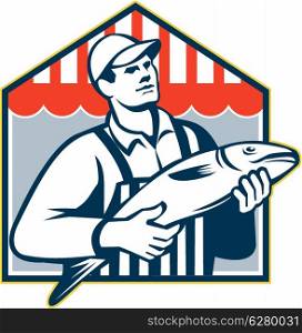 Retro style illustration of a butcher fishmonger worker fish facing front on isolated background done in retro style.. Fishmonger Holding Fish Retro