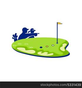 Retro style illustration of a caddie and golfer pointing and strategizing on golf course green with golf bunker and sand trap on isolated background.. Golfer Caddie Golf Course Retro