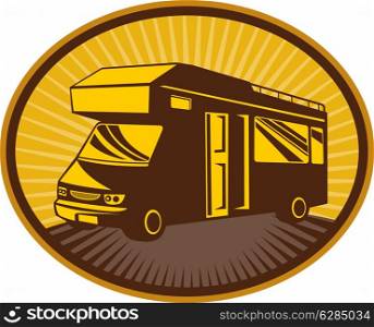 retro style illustration of a Camper van,caravan or mobile home with sunburst in background set inside an ellipse&#xA;