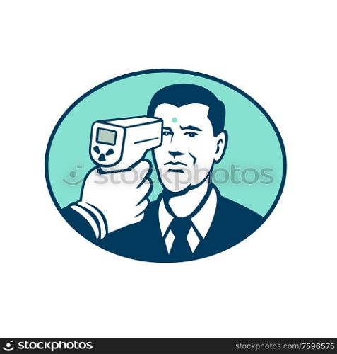 Retro style illustration of a coronavirus non contact forehead infrared body temperature scanner pointed at a man set inside oval shape on isolated background.. Coronavirus Body Temperature Scanner Oval Retro