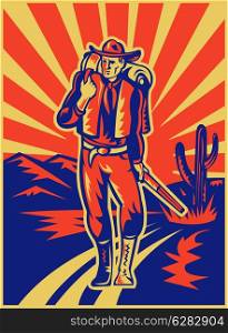 retro style illustration of a Cowboy carrying backpack and rifle walking with desert mountains and cactus in background. Cowboy with backpack and rifle walking