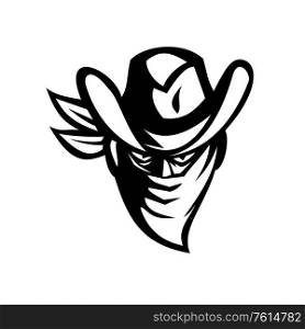 Retro style illustration of a cowboy outlaw or bandit wearing face mask or bandana to cover his face viewed from front on isolated background in Black and White.. Outlaw Bandit Cowboy Wearing Face Mask Black and White Retro