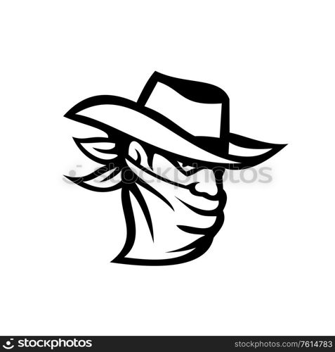 Retro style illustration of a cowboy outlaw or bandit wearing face mask or bandana covering his face with banner in Black and White.. Outlaw or Bandit Wearing Face Mask Retro Black and White