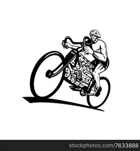 Retro style illustration of a cyclist riding a road bike, cycle or bicycle with v8 engine with eight-cylinder piston engine viewed from low angle on isolated background done in black and white.. Cyclist Riding Bicycle with Eight-Cylinder Piston Engine or V8 Engine Retro Black and White