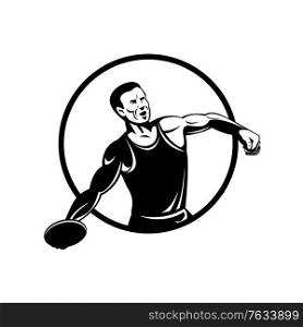 Retro style illustration of a discus throw or disc throw, a track and field event in which an athlete throws a heavy disc, set inside circle on isolated background done in black and white.. Discus Throw or Disc Throw Track and Field Event Athlete Throwing Heavy Disc Retro Black and White