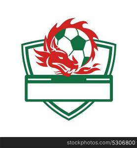 Retro style illustration of a Dragon coling around a Soccer Ball set inside Crest shield on isolated background.. Red Dragon Soccer Ball Crest