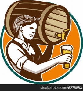 Retro style illustration of a female woman bartender pouring keg barrel of beer into pint glass set inside circle on isolated white background.. Woman Bartender Pouring Keg Barrel Beer Retro
