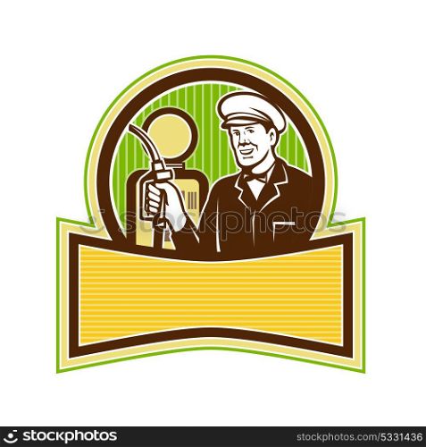 Retro style illustration of a filling station attendant, gas station attendant or gas jockey, a full-service filling station worker holding a petrol nozzle with pump in background.. Vintage Gas Attendant Retro