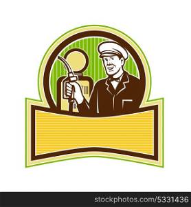 Retro style illustration of a filling station attendant, gas station attendant or gas jockey, a full-service filling station worker holding a petrol nozzle with pump in background.. Vintage Gas Attendant Retro