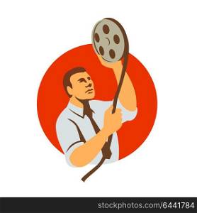 Retro style illustration of a film editor holding a film canister looking at film reel and editing raw footage in post-production set inside circle on isolated background.. Film Editor Looking at Reel Retro