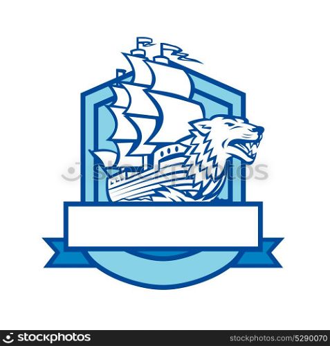 Retro style illustration of a Galleon sailing ship With Wolf in Bow set inside shield Crest on isolated background.. Galleon With Wolf on Bow Crest Retro