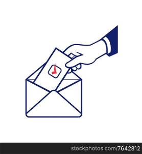 Retro style illustration of a hand of a voter putting ballot or vote inside postal ballot envelope in on isolated background.. Voter Voting Using Postal Ballot During Election Retro