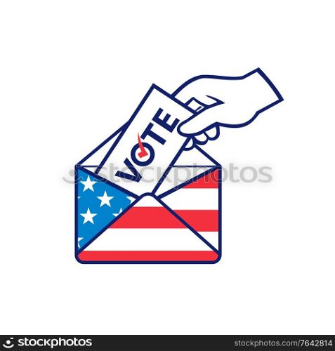 Retro style illustration of a hand of an American voter posting ballot or vote inside postal ballot envelope with USA stars and stripes flag on isolated background.. American Voter Voting Posting Postal Ballot During Election USA Flag Envelope Retro