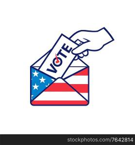 Retro style illustration of a hand of an American voter posting ballot or vote inside postal ballot envelope with USA stars and stripes flag on isolated background.. American Voter Voting Posting Postal Ballot During Election USA Flag Envelope Retro