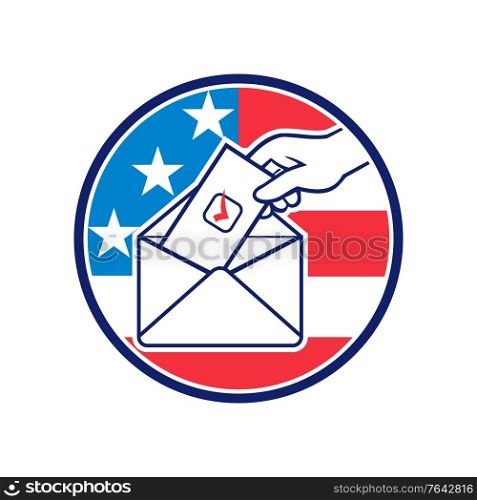 Retro style illustration of a hand of an American voter putting ballot or vote inside postal ballot envelope with USA stars and stripes flag inside circle on isolated background.. American Voter Voting Using Postal Ballot During Election USA Flag Circle Retro