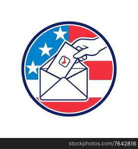 Retro style illustration of a hand of an American voter putting ballot or vote inside postal ballot envelope with USA stars and stripes flag inside circle on isolated background.. American Voter Voting Using Postal Ballot During Election USA Flag Circle Retro