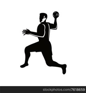 Retro style illustration of a handball player jumping throwing ball on isolated background done in retro black and white style.. Handball Player Jumping Throwing Ball Retro Black and White