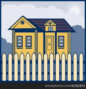retro style illustration of a house with picket fence. house with picket fence