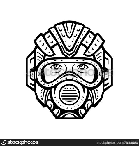 Retro style illustration of a human wearing a futuristic face mask, face covering or helmet to protect from pandemic infection viewed from the front on isolated background done in black and white.. Futuristic Face Mask Face Covering or Space Helmet Protection from Pandemic Infection Front View Retro Black and White
