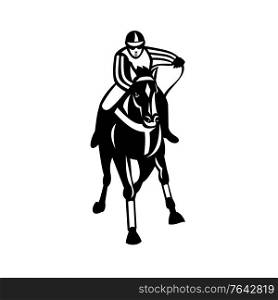 Retro style illustration of a jockey racing thoroughbred horse or galloper, a popular gaming and spectator sport viewed from front on isolated background done in black and white.. Jockey Racing Thoroughbred Horse Galloper Front View Retro Black and White
