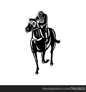 Retro style illustration of a jockey racing thoroughbred horse or galloper, a popular gaming and spectator sport viewed from front on isolated background done in black and white.. Jockey Racing Thoroughbred Horse or Galloper Front View Retro Black and White