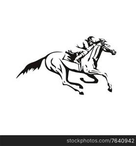 Retro style illustration of a jockey riding horse horseback or horse racing viewed from side on isolated background in black and white.. Jockey Riding Horse Horseback or Horse Racing Retro Black and White