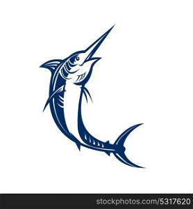 Retro style illustration of a jumping blue marlin, billfish or sialfish on isolated background.. Blue Marlin Jumping Retro