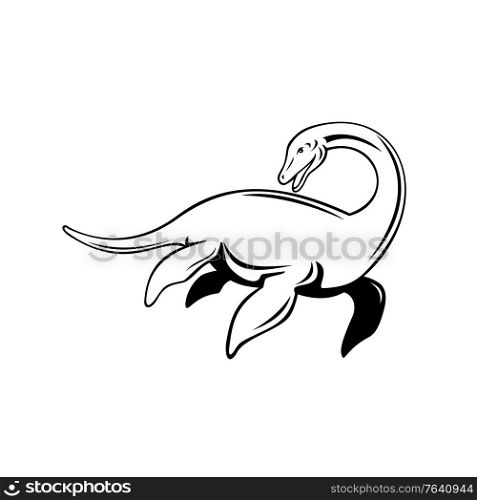 Retro style illustration of a Loch Ness Monster or Nessie, a cryptid in cryptozoology and Scottish folklore that is large long-necked, viewed from side on isolated background in black and white.. Loch Ness Monster Niseag or Nessie Swimming Side Retro Black and White