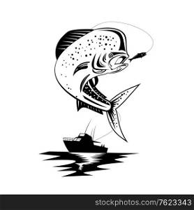 Retro style illustration of a mahi-mahi, dorado or common dolphinfish Coryphaena hippurus, a surface-dwelling ray-finned fish, jumping with fishing boat done in black and white on isolated background.. Mahi-mahi Dorado Dolphinfish Jumping Up With Fishing Boat Retro Black and White