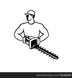 Retro style illustration of a male gardener or landscaper with garden hedge trimmer or shears looking to side viewed from front on isolated background done in black and white.. Gardener or Landscaper with Garden Hedge Trimmer or Shears Front View Retro Black and White