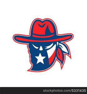 Retro style illustration of a mascot showing a Texan outlaw or bandit wearing bandana with Texas Lone Star flag on isolated background.. Texan Outlaw Texas Flag Mascot