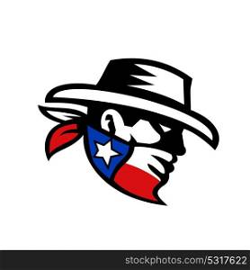 Retro style illustration of a masked Texas Bandit Cowboy head wearing a bandana mask with texas Lone Star State flag on isolate background.. Texas Bandit Cowboy Side Retro