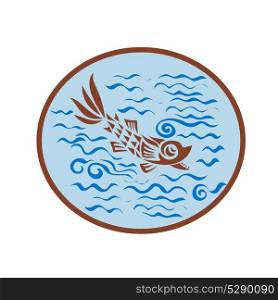 Retro style illustration of a Medieval Fish Swimming in the sea water set inside Oval on isolated background.. Medieval Fish Swimming Oval Retro