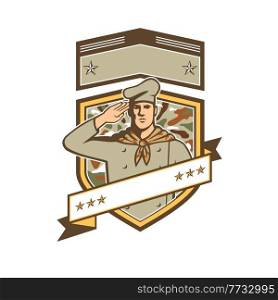 Retro style illustration of a military chef or cook wearing camouflage uniform saluting viewed from front set inside camo crest or shield with text ribbon or scroll in front  on isolated background.. Military Chef Cook Wearing Camouflage Uniform Saluting Set Inside Camo Crest Retro Style
