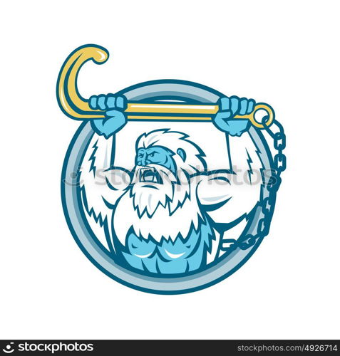 Retro style illustration of a muscular yeti or Abominable Snowman, an ape-like entity lifting or holding up a j hook or tow hook set inside circle on isolated background.. Yeti Lifting J Hook Circle Retro