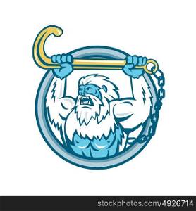 Retro style illustration of a muscular yeti or Abominable Snowman, an ape-like entity lifting or holding up a j hook or tow hook set inside circle on isolated background.. Yeti Lifting J Hook Circle Retro