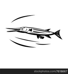 Retro style illustration of a Needlefish (family Belonidae) or long tom, a piscivorous fish swimming viewed from side on isolated background done in black and white.. Needlefish or Long Tom Swimming Side View Retro Black and White