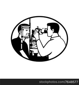 Retro style illustration of a patient and optician or optometrist with auto refractometer eye test equipment testing or scanning for eye test exam set in oval isolated background in black and white.. Patient and Optician or Optometrist with Eye Test Equipment Testing for Eye Exam Retro Black and White
