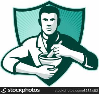 Retro style illustration of a pharmacist chemist worker mixing medicine with mortar and pestle viewed from front set inside shield.
