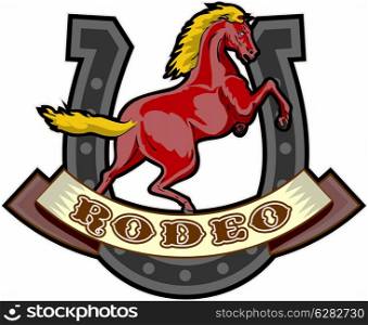 "retro style illustration of a prancing horse with horseshoe in background and scroll in foreground with words "rodeo""
