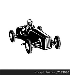 Retro style illustration of a racing driver driving vintage race car viewed on high angle on isolated white background black and white style.. Racing Driver Driving Vintage Race Car Retro Black and White