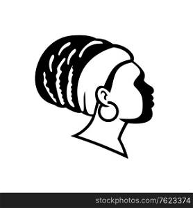 Retro style illustration of a Rastafarian, Rasta empress, significant other or Rastafari woman viewed from the side on isolated background in black and white.. Rasta Empress or Rastafari Woman Side View Black and White