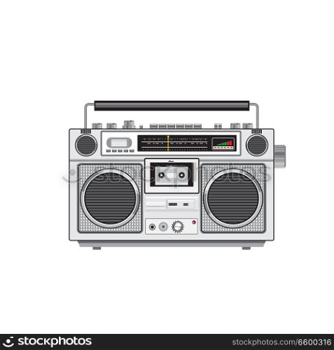 Retro style illustration of a retro vintage portable radio cassette recorder player viewed from front on isolated white background.. Vintage Portable Radio Cassette Player Retro