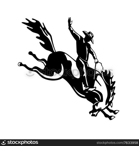 Retro style illustration of a rodeo cowboy riding a bucking bronco, a competitive equestrian sport viewed from side on isolated background done in black and white.. Rodeo Cowboy Rider Riding a Bucking Bronco Retro Woodcut Black and White