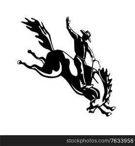 Retro style illustration of a rodeo cowboy riding a bucking bronco, a competitive equestrian sport viewed from side on isolated background done in black and white.. Rodeo Cowboy Rider Riding a Bucking Bronco Retro Woodcut Black and White