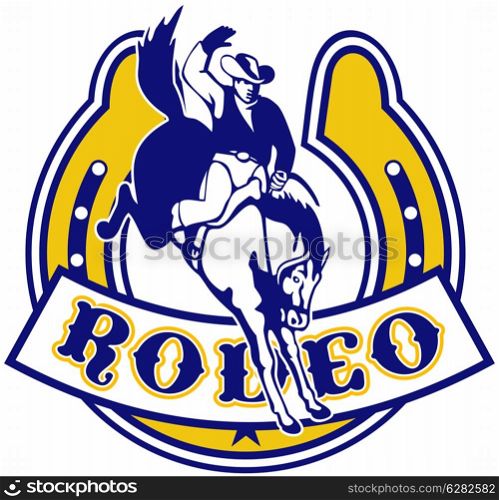 retro style illustration of a Rodeo Cowboy riding a jumping bronco horse jumping with horseshoe in background and scroll in foreground . rodeo cowboy bucking bronco horseshoe