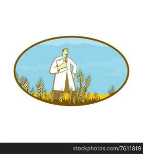 Retro style illustration of a scientist, researcher standing in middle of genetically modified wheat field set inside oval shape on isolated background.. Scientist Standing in Middle of Wheat Filed Oval Retro