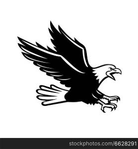 Retro style illustration of a screaming bald eagle with talons out swooping viewed from side on isolated background in black and white.. Screaming Eagle Side Retro