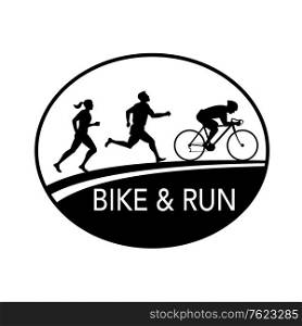 Retro style illustration of a silhouette of a bike and run marathon runner running, cycling, biking riding on bicycle viewed from side set in oval done in black and white.. Bike and Run Marathon Runner Oval Retro Black and White